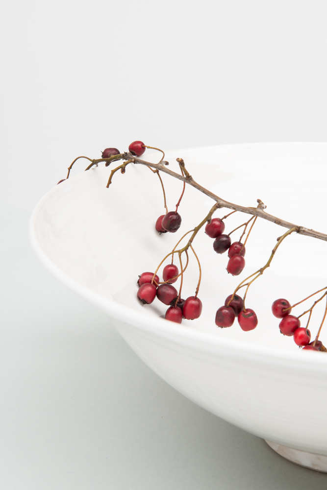 Nahaufnahme einer weiß glasierten Schale mit roten Beeren vor grauem Hintergrund